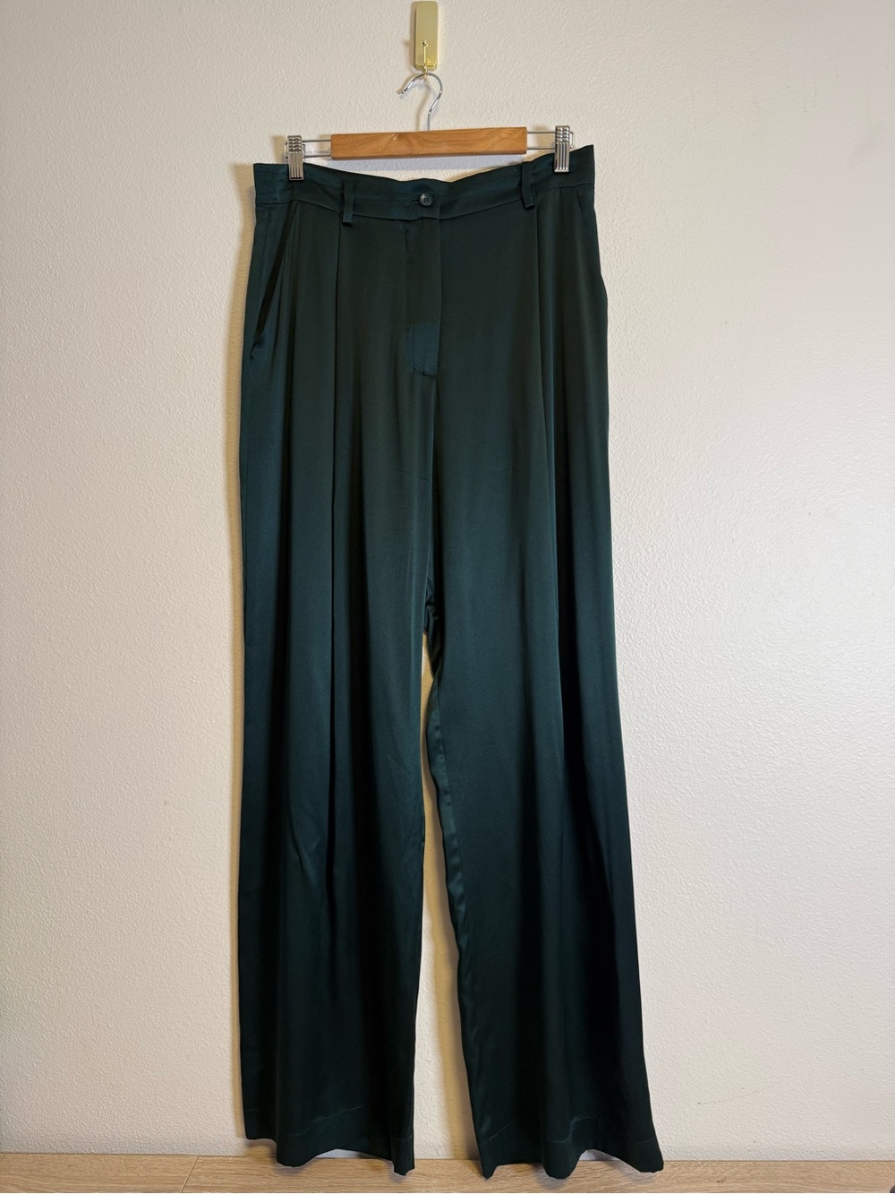 SABLYN EMERSON HIGH RISE PLEATED SILK PANT SZ L DARK GREEN